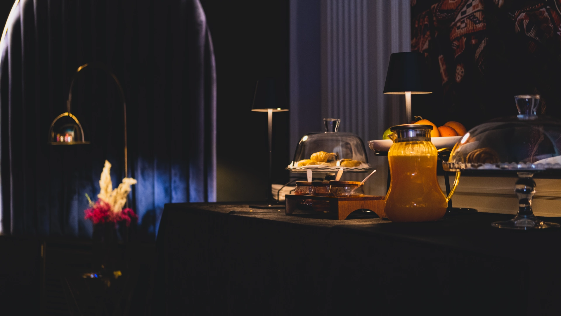 Breakfast buffet in a softly lit dining room
